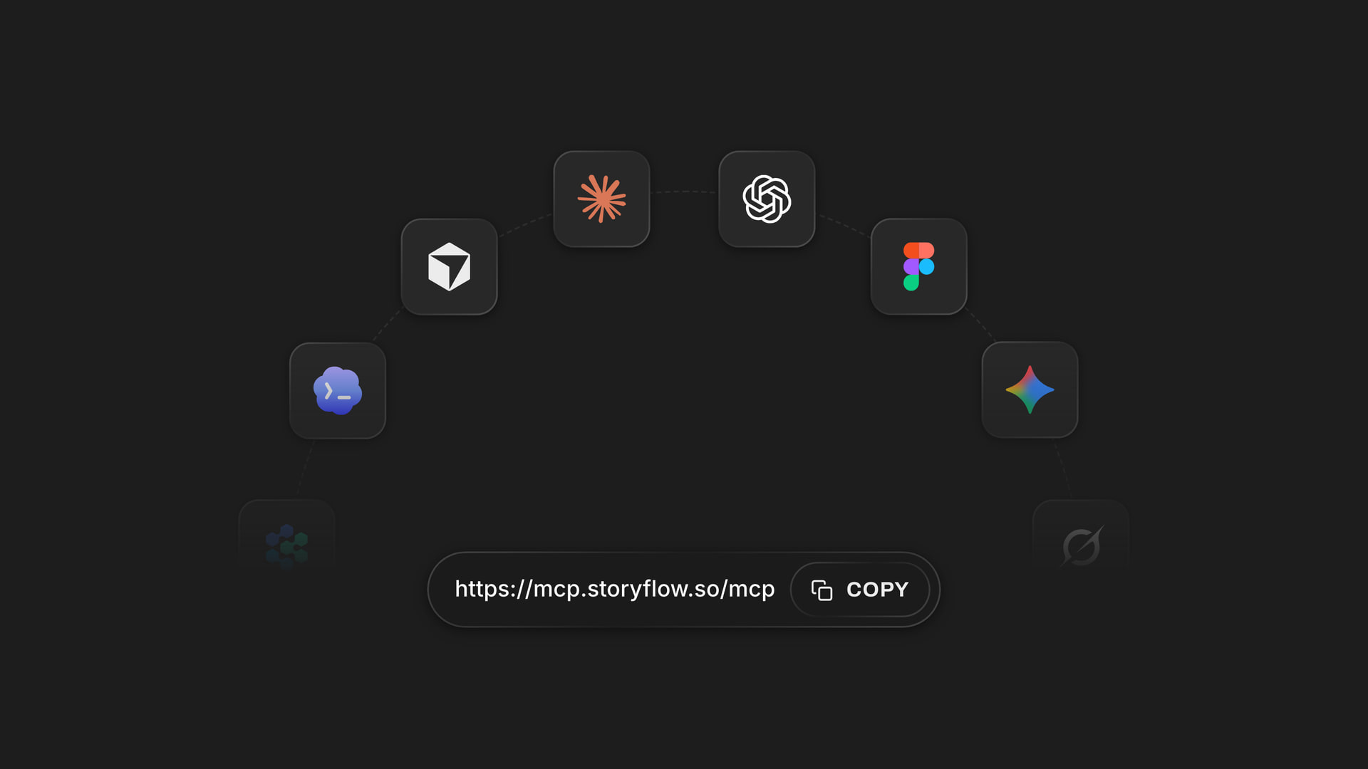 The Storyflow MCP address with a copy button, under a ring of AI assistant logos including Claude, ChatGPT and Gemini